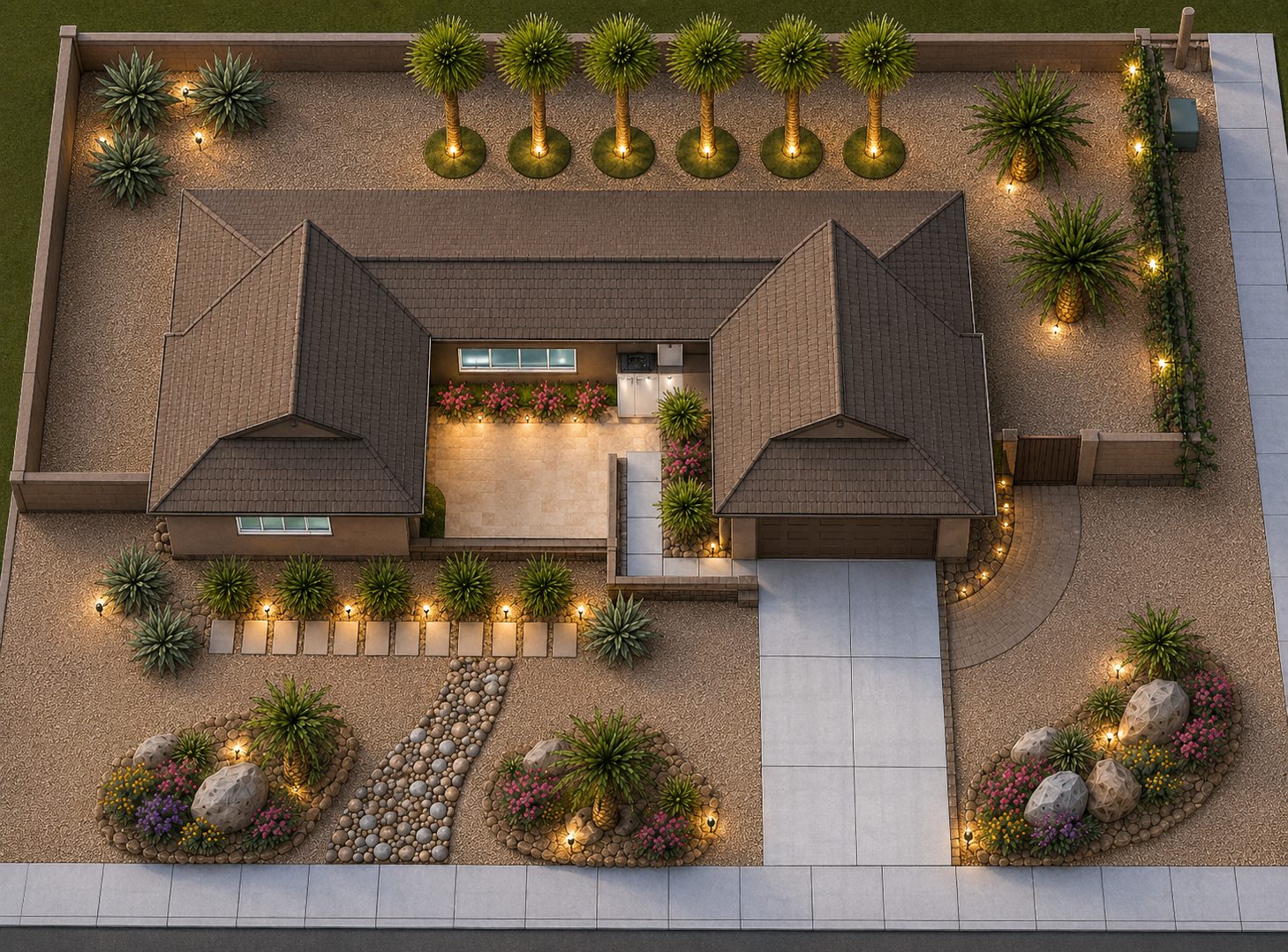 Rendered night view of the same landscape design with lighting